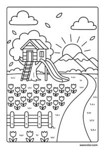 A Coloring Page of a Riverside Cherry Blossom Park in spring