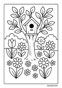 A Decorative Birdhouse Tree Post of Spring Coloring Pages