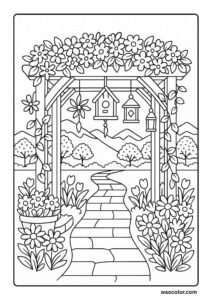 Color Pages of spring Garden Pergola With Hanging Decor