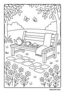 Easy Coloring Pages of spring for kids of an Old Park Picnic Bench