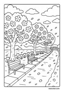 Easy Coloring Sheets of a Riverside Cherry Blossom Avenue in spring