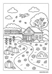 Easy Fall coloring pages farmhouse