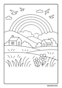 Easy Rainbow Coloring Pages of Quiet Countryside