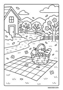 Easy Spring Coloring Sheets of a Blossoming Orchard Picnic