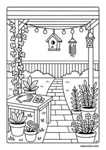 Free Printable Coloring Pages of spring of a Cottage Garden Birdhouse Display