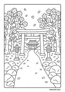 Printable Coloring Pages of an Ancient Cherry Shrine Garden