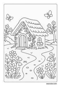 Printables pages of spring for Coloring of a Cottage Covered in Blossoms