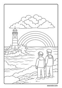 Rainbow Coloring Printable of Coastal Lighthouse