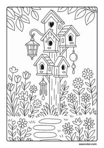 Spring Color printables of a Decorative Birdhouses on Tree