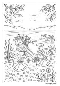 Spring Coloring Pages of a Riverside Bicycle Pause