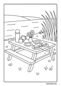 Spring Coloring Printables of a Riverside Picnic Spot
