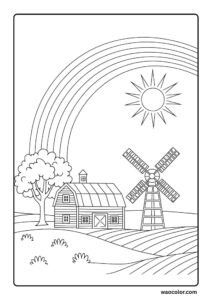 Sunny Farmland Coloring Pages of Rainbow