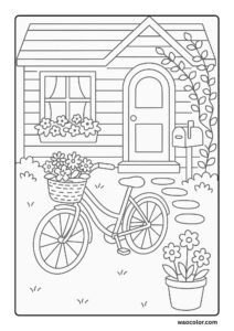Wao Color Spring Pages of a Cottage Porch Bicycle Scene