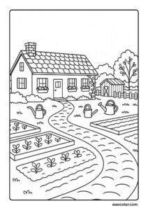 aesthetic view of a spring Coloring Page of a Farmhouse With Garden Rows