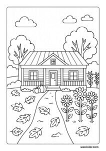 autumn fall coloring pages of farmhouse