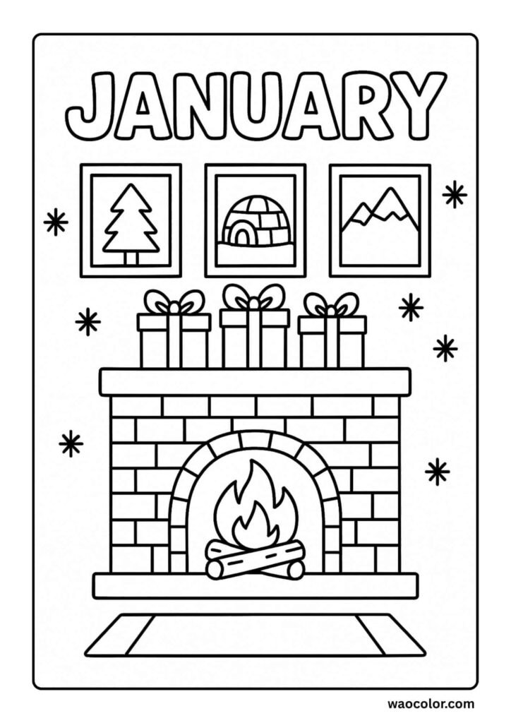 easy January color pages of fireplace