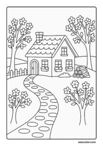 free printable spring coloring sheet of a Hilltop Blooming Country House