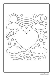heart coloring pages of rainbow clouds