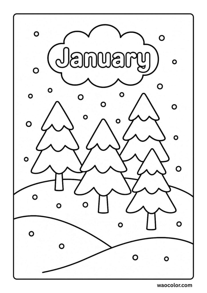 printable January color pages of snowy trees