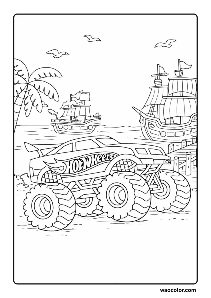 monster truck hot wheels on seashore coloring pages