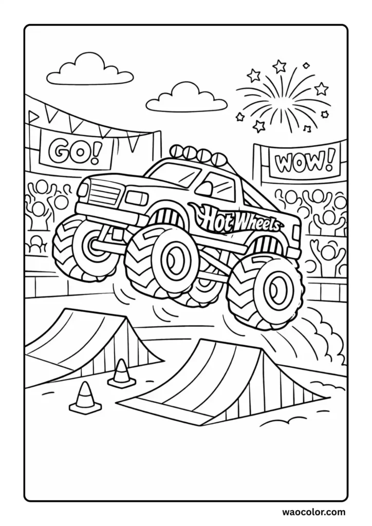 monster truck of hot wheels jumping over ramp